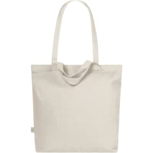 A light beige tote bag with long handles and a simple design. It features a logo on one side.
