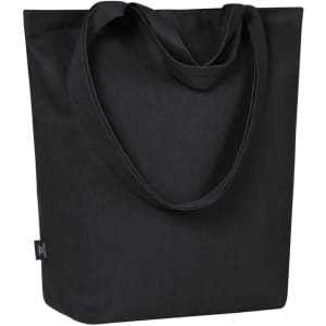 A black tote bag with a spacious design and long handles, featuring a logo on the side.
