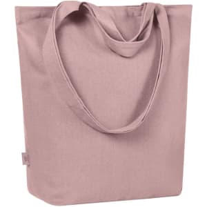A pink tote bag with long handles and a simple design. It features a small logo on one side.