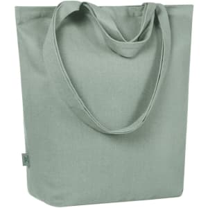 A light green tote bag with two shoulder straps and a simple design. It features a small logo.