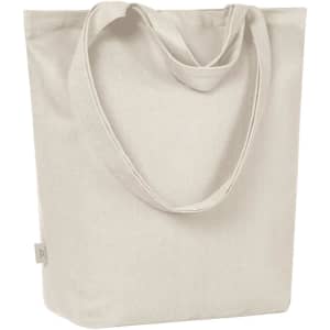 A light beige tote bag with long handles and a simple design, featuring a logo on the side.
