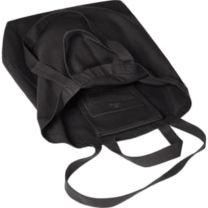 A black tote bag with dual handles and an interior pocket, featuring a logo on the inside.