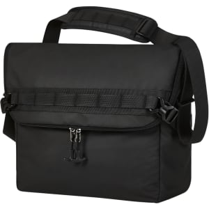A black laptop bag with a shoulder strap and a flap closure, featuring a branded logo.