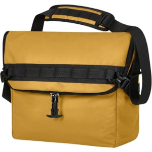 A yellow laptop bag with a black strap and a front zipper pocket, featuring a logo on the side.