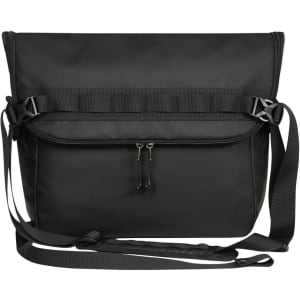A black laptop bag with a strap, featuring a flap closure and zippers. It has a logo on the front.