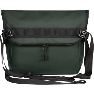 A dark green laptop bag with a detachable strap and zipped compartment, featuring an adjustable front panel and a logo.