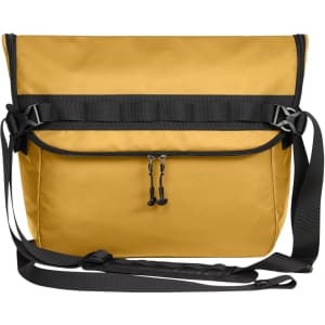A yellow laptop bag with black straps and a flap closure, featuring an adjustable shoulder strap and buckle details.