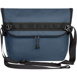 A blue messenger bag with a black strap and zip closure, featuring a logo on the front.