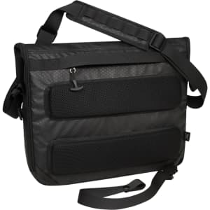 A black laptop bag with a shoulder strap, featuring mesh pockets and a logo.