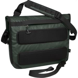 A green Active Notebook Bag with a textured surface and black mesh panels, featuring an adjustable shoulder strap.