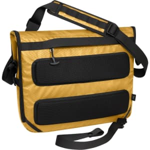 A yellow laptop bag with black accents and a shoulder strap, featuring padded sections on the front.