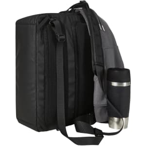 A black and grey laptop bag with adjustable straps, featuring a drink bottle holder on the side.