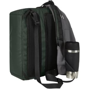 A green and grey laptop bag with adjustable straps and a drink bottle holder on the side.