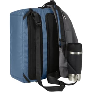 A blue and grey backpack with mesh panels, featuring a drink bottle holder on the side and adjustable straps.