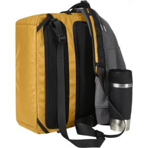 A laptop bag in yellow and grey, featuring adjustable straps and a drink bottle holder. It has a logo present.