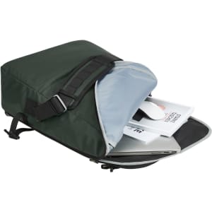 A green laptop bag with an open top reveals compartments for a laptop, mouse, and documents. It features a branding logo.