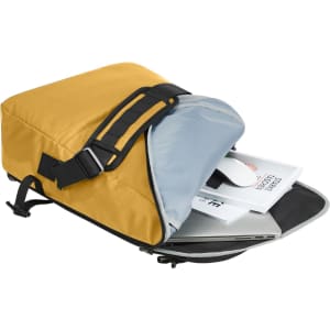 A yellow laptop bag with a grey interior, featuring a closed flap, revealing a laptop and documents inside.