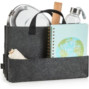 A grey felt bag with a handle containing a drink bottle, notebook, container, ruler, and string.