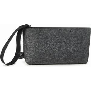 A sleek grey zipper bag with a black strap, featuring a simple design and a branding logo.