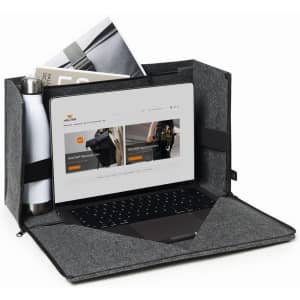 A grey laptop bag with a laptop, drink bottle, and documents inside. It features pockets for additional organisation.