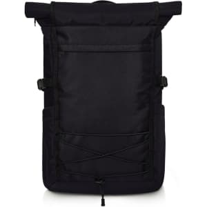 A black Flex Notebook Backpack with adjustable straps and exterior compartments. It features a simple design and a logo.