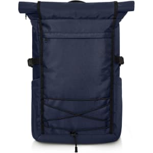 A navy blue Flex Notebook Backpack featuring a roll-top closure, adjustable straps, and multiple pockets.