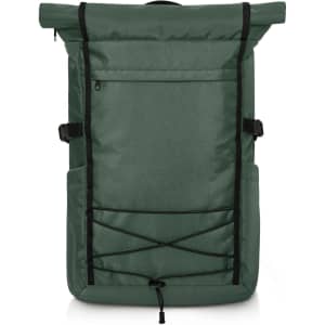 A green Flex Notebook Backpack with adjustable straps and a drawstring closure, featuring multiple pockets and a logo.