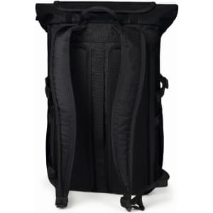 A black Flex Notebook Backpack featuring padded straps and a roll-top design with a logo.