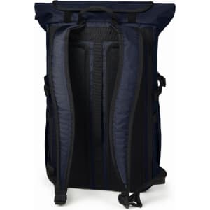 A navy blue Flex Notebook Backpack featuring padded shoulder straps and a roll-top design. Contains a logo on the front.