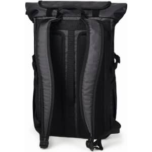 A black Flex Notebook Backpack with padded shoulder straps and a roll-top design. It features a logo on the front.