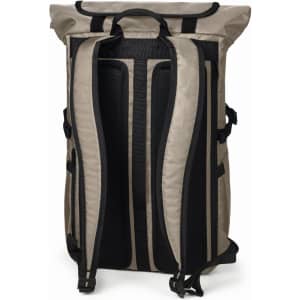 A beige and black laptop backpack featuring padded shoulder straps and a roll-top design with a logo.