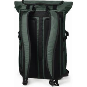 A green Flex Notebook Backpack featuring padded straps and a roll-top design. It includes mesh panels for ventilation.