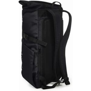 A black Flex Notebook Backpack with adjustable straps and a side zip pocket, featuring mesh paneling.