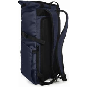 A navy blue laptop backpack with adjustable straps, multiple compartments, and a mesh panel. It has a logo.