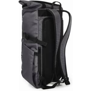 A grey laptop backpack with adjustable straps, featuring a zippered pocket and a mesh panel for ventilation.