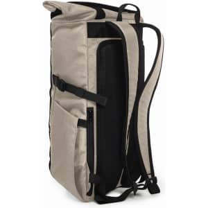 A beige Flex Notebook Backpack with black straps and mesh details, featuring side pockets and a zip closure.