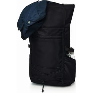 A black laptop backpack with a navy jacket draped over it and a drink bottle in the side pocket.