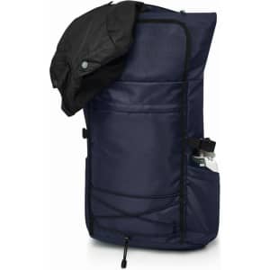 A navy blue backpack with a water bottle holder and a black jacket draped over the top. Features a logo.