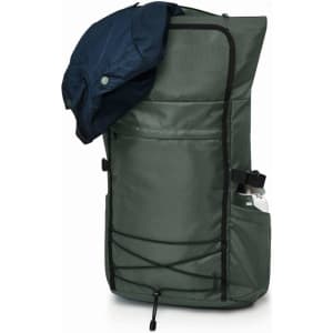 A green backpack with a navy jacket draped over it, featuring a water bottle pocket and a logo.