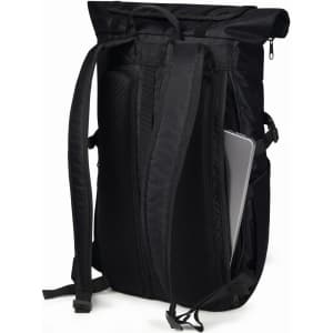 A black Flex Notebook Backpack with padded straps and a compartment for a laptop. It includes a logo.