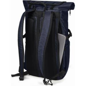 A navy backpack with padded straps and compartments, featuring a sleek design for carrying a laptop.