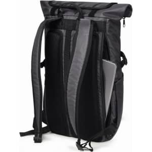 A black and grey Flex Notebook Backpack features padded straps and a compartment for a laptop. It has a logo on the front.