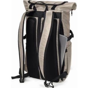 A beige laptop backpack with adjustable straps and a mesh back panel, featuring a compartment for a laptop.