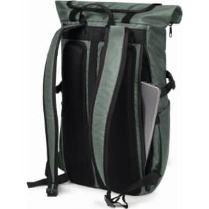 A green laptop backpack with padded back and adjustable straps, featuring a compartment for a laptop.