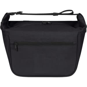 A black lunch bag with a zippered compartment and a top handle. It features a simple design and has a logo.
