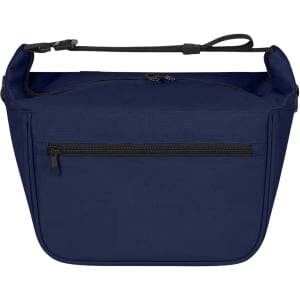 A navy blue lunch bag with a zippered pocket and a carry handle, featuring a logo.