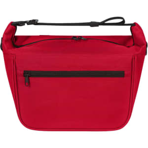 A red Softbasket Lunchbag featuring a zippered front pocket and a handle for easy carrying.