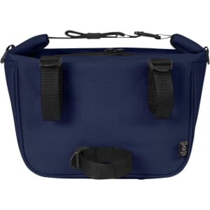 A navy lunch bag with black straps and a top zipper, featuring a logo on the front.