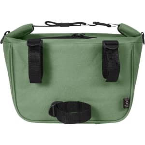 A green Softbasket Lunchbag with adjustable straps and a handle, featuring a zippered closure and a logo.