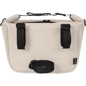 A beige lunch bag featuring black straps and a handle, with a zipper closure and branding on the side.